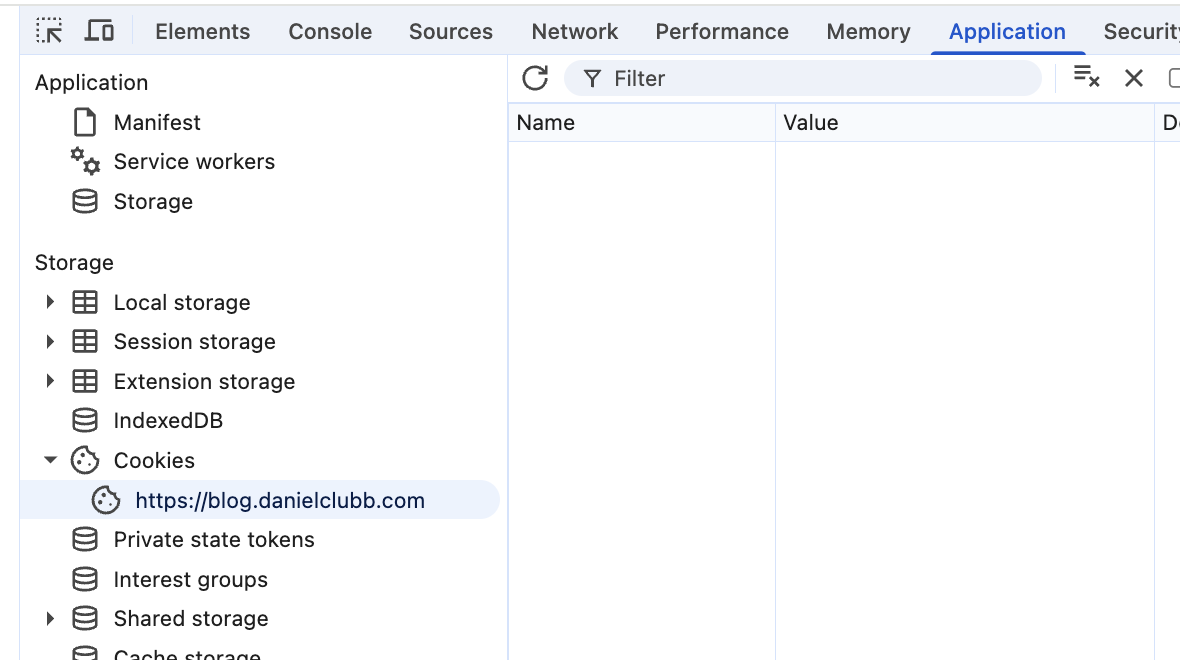 A Chrome dev tools window showing no cookies on this website